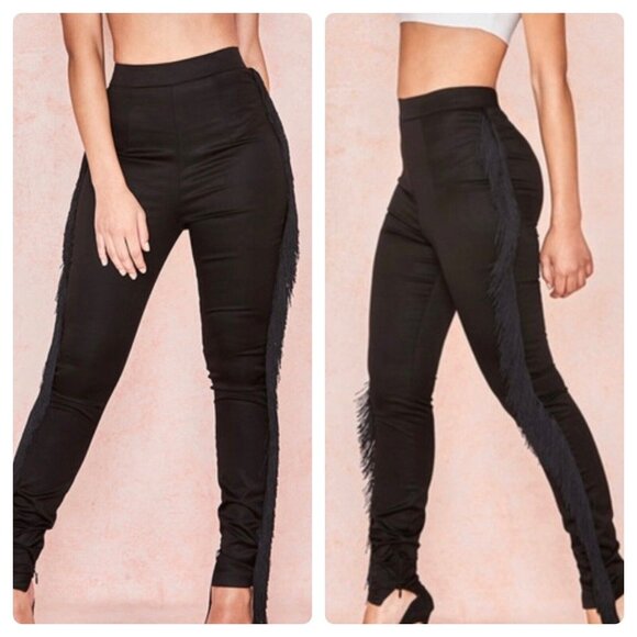 House of CB London Ariyan Tassel Fringe High Rise Black Satin Pants XS - Picture 1 of 9
